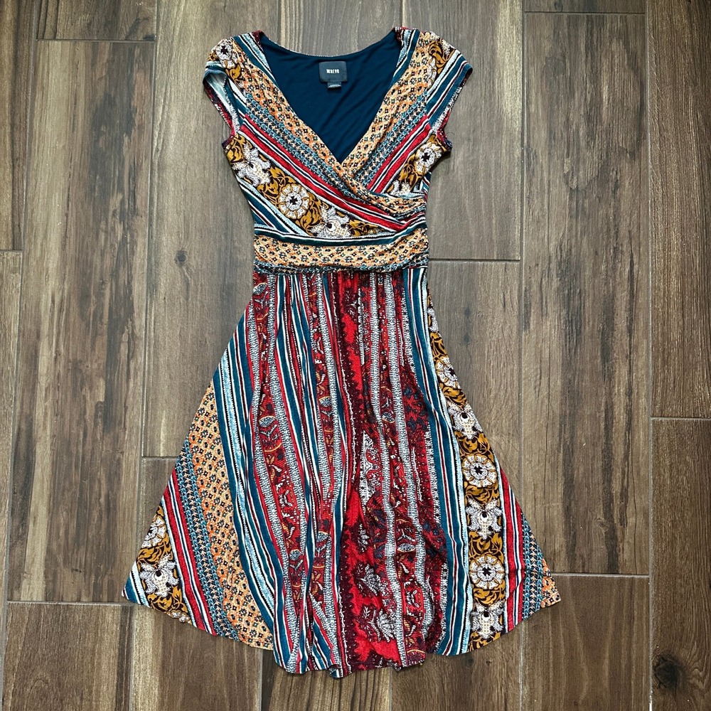 Maeve Anthropologie Boho Mixed Print V-Neck Cap Sleeve Fit & Flare Dress XS